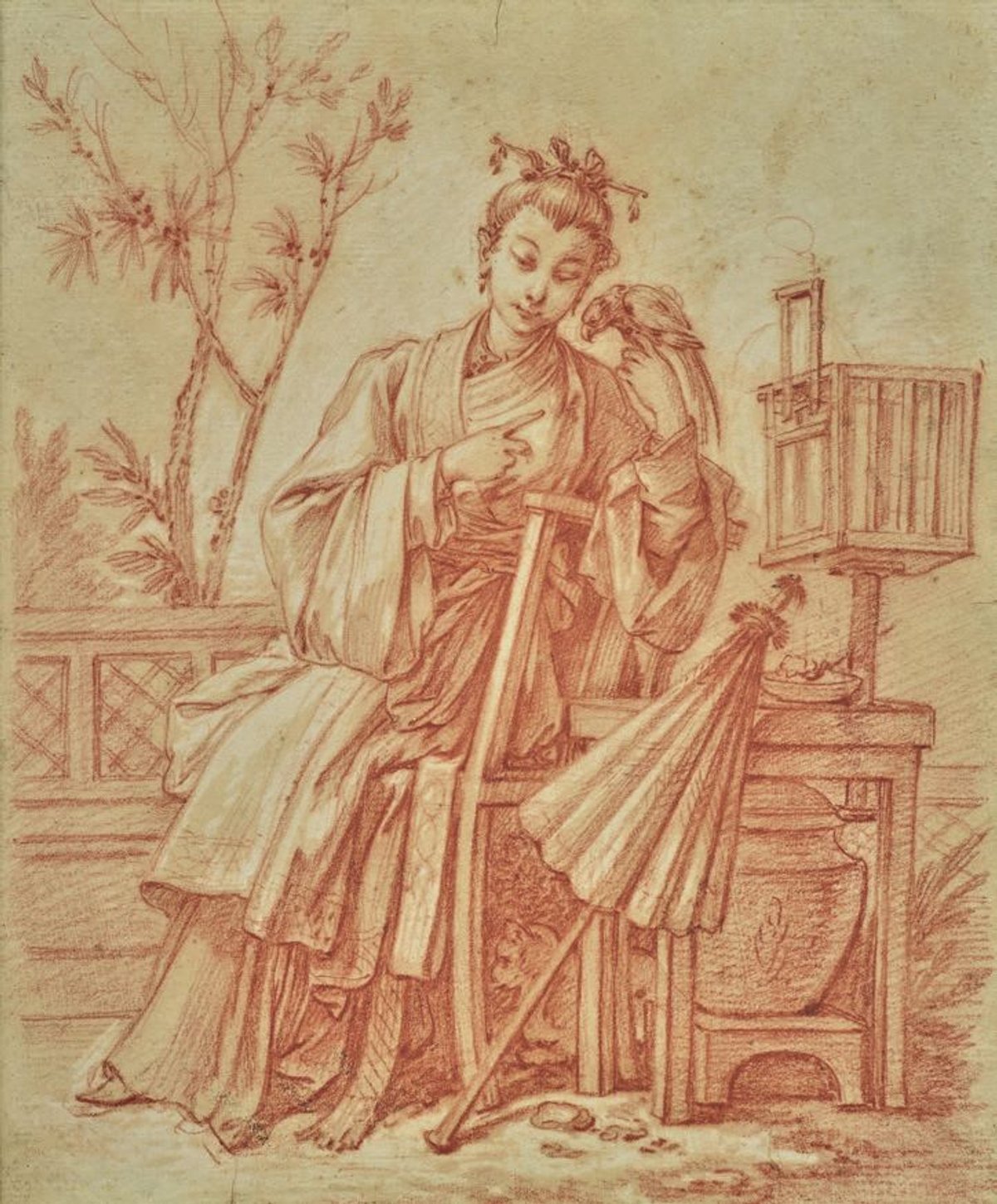 François Boucher, L’Oiseau à Bonne Fortune, 1740-1745, sanguine, rehauts de gouache blanche sur papier de riz chinois. Photo D.R.