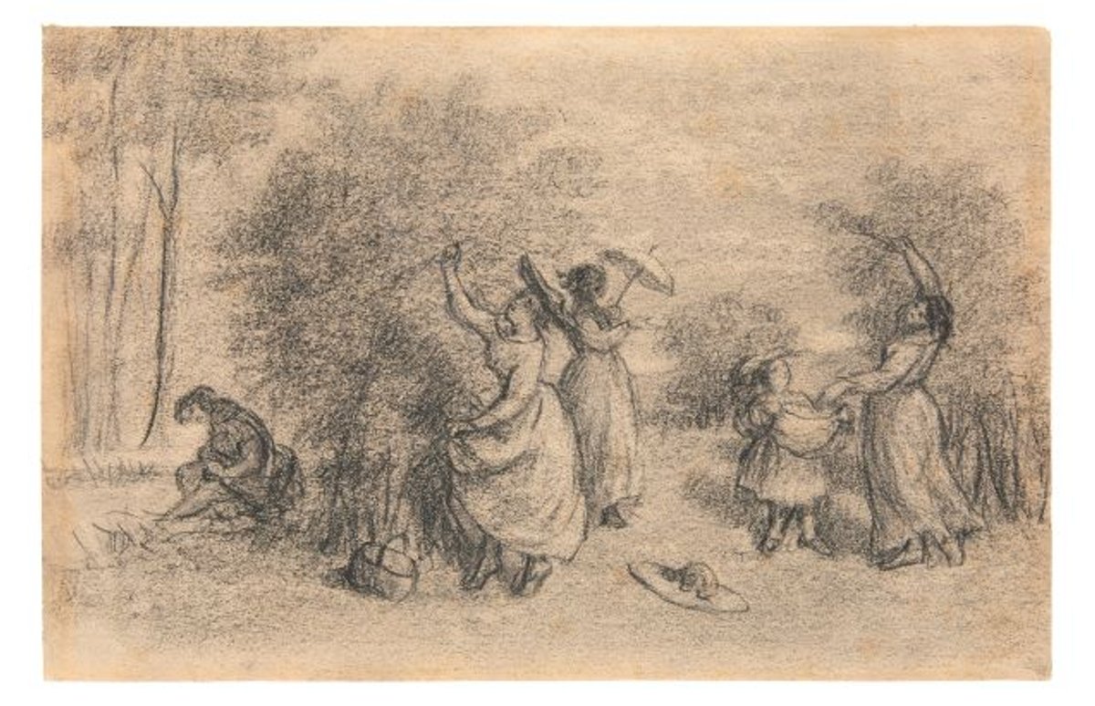Gustave Courbet, Femmes et fillettes dans un paysage champêtre ou La Cueillette, vers 1870, fusain sur papier. Courtesy Ambroise Duchemin