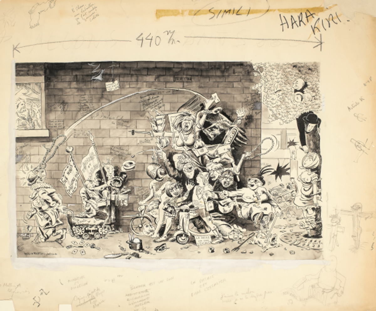 Georges Wolinski, Allons enfants, 1965, plume et lavis d’encre de Chine, graphite, crayon noir, feutre noir. © Beaux-Arts de Paris