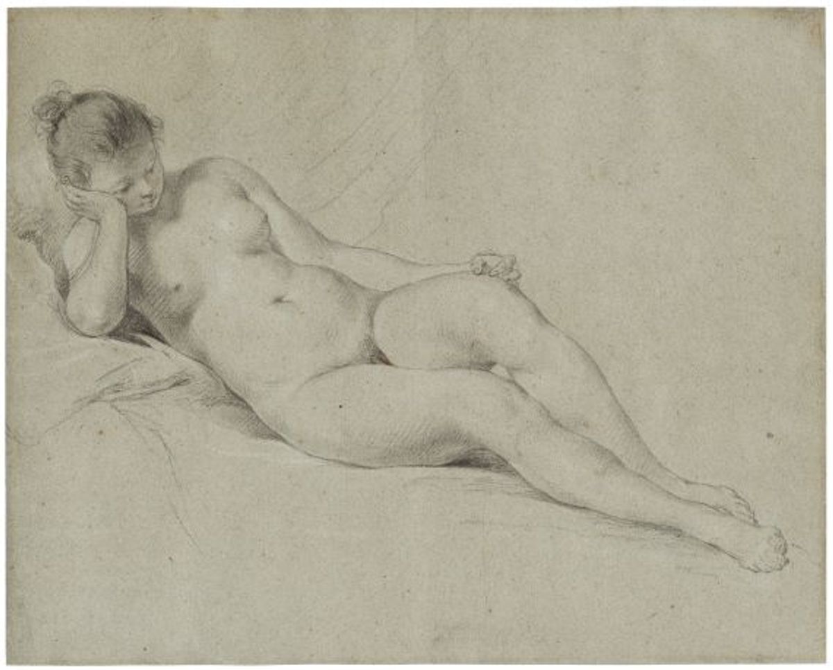 François van Loo, Jeune Femme nue allongée, la tête appuyée sur sa main droite, pierre noire, craie blanche et sanguine sur papier bleu. Courtesy de Nathalie Motte Masselink