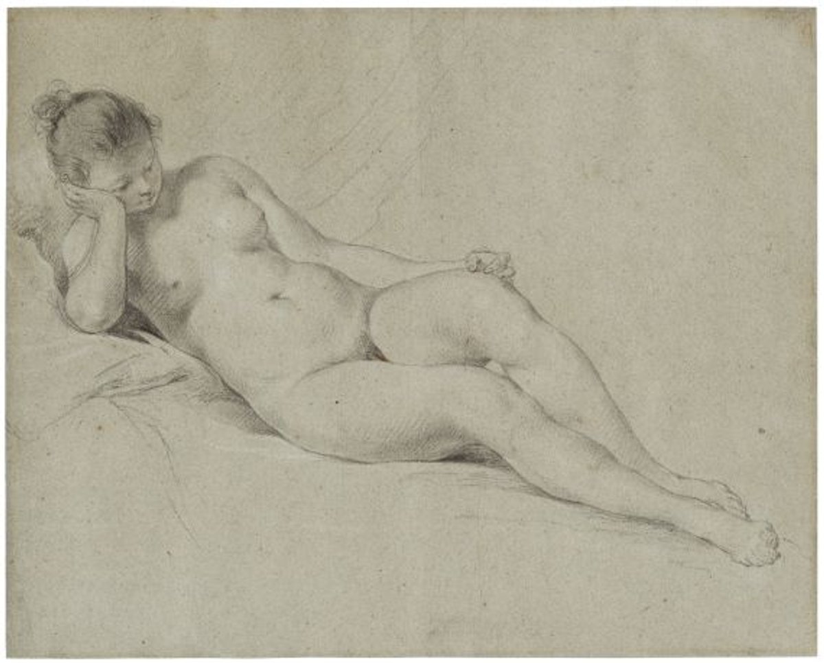 François van Loo, Jeune Femme nue allongée, la tête appuyée sur sa main droite, pierre noire, craie blanche et sanguine sur papier bleu. Courtesy de Nathalie Motte Masselink