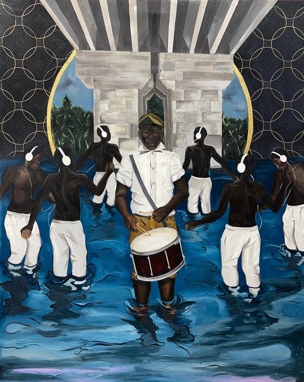 Richard Mensah, Lost of Self - The Drummer, 2023, huile, acrylique, pate acrylique, feuille d'or 24 carats, 150 x 120 cm. © Richard Mensah, Courtesy Galerie AFIKARIS