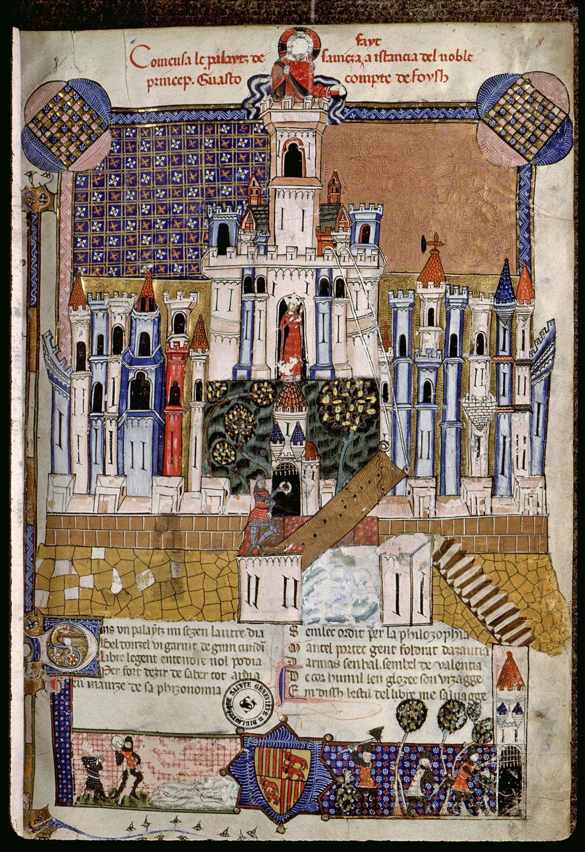 Barthélemy l’Anglais, De proprietatibus rerum (Livre des propriétés des choses), Ms 1029 – fol. 1 : Palais de la Sagesse dit « l’Elucidari », Bibliothèque Sainte-Geneviève, Paris. © IRHT-CNRS