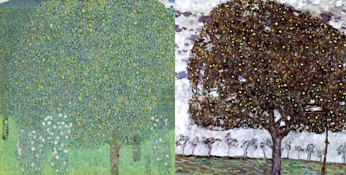 Gustav Klimt, Rosiers sous les arbres, 1905 (à gauche), et Gustav Klimt, Pommier II, 1916 (à droite). Courtesy du musée d’Orsay et de la Fondation Louis Vuitton, Paris.