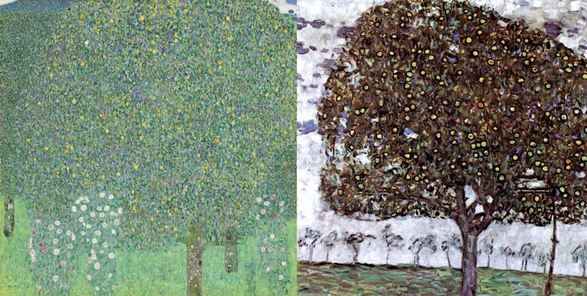 Gustav Klimt, Rosiers sous les arbres, 1905 (à gauche), et Gustav Klimt, Pommier II, 1916 (à droite). Courtesy du musée d’Orsay et de la Fondation Louis Vuitton, Paris.