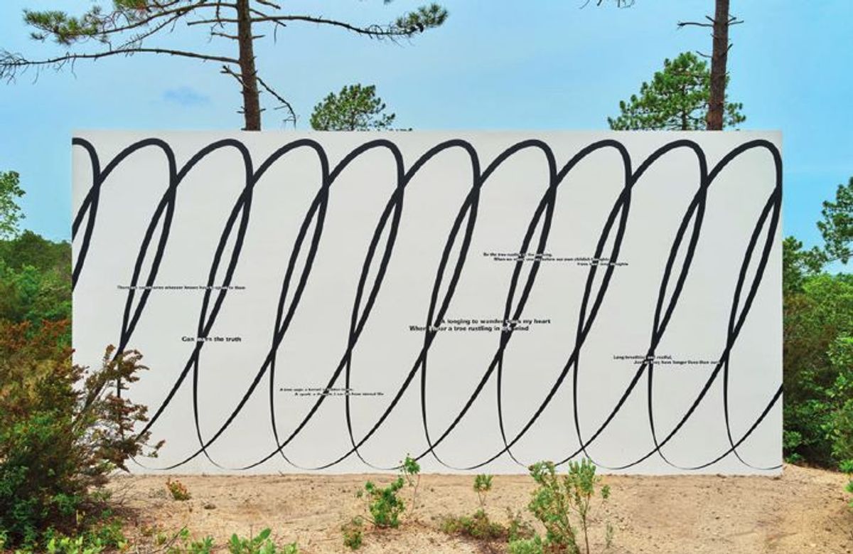 Claudia Comte, Whoever Has Learned How to Listen to Trees, mur autoportant, peinture murale acrylique (double face), Domaine du Muy, 2025.
© Claudia Comte. Courtesy du Domaine du Muy. Photo JC Lett