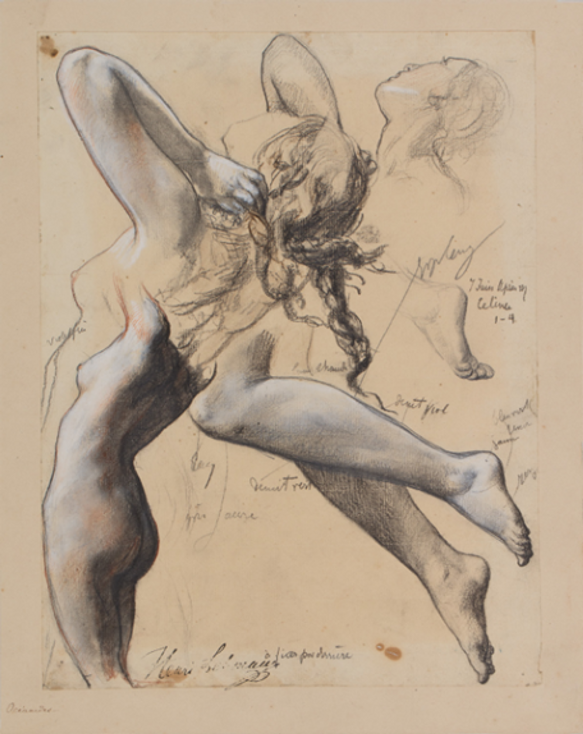 Henri Lehmann, Feuille d’étude d’une femme nue vue de dos, de trois quarts à gauche, les bras levés, 1849-1850, pierre noire et craie blanche sur papier beige. © Orléans, musée des Beaux-Arts