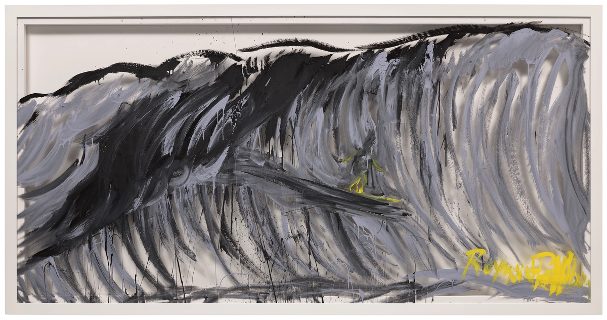 Raymond Pettibon, No Title (Surfer in the...), 1993, acrylique sur Plexiglas, 121.6 x 243.5 cm. Estimé 350 000 - 450 000 dollars.
Courtesy Phillips