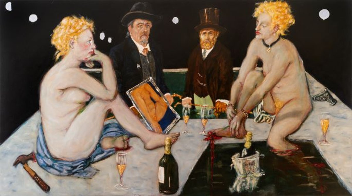 Jan Van Imschoot, L’Échange des bêtises, 2021, huile sur toile. © Templon, Paris/Bruxelles