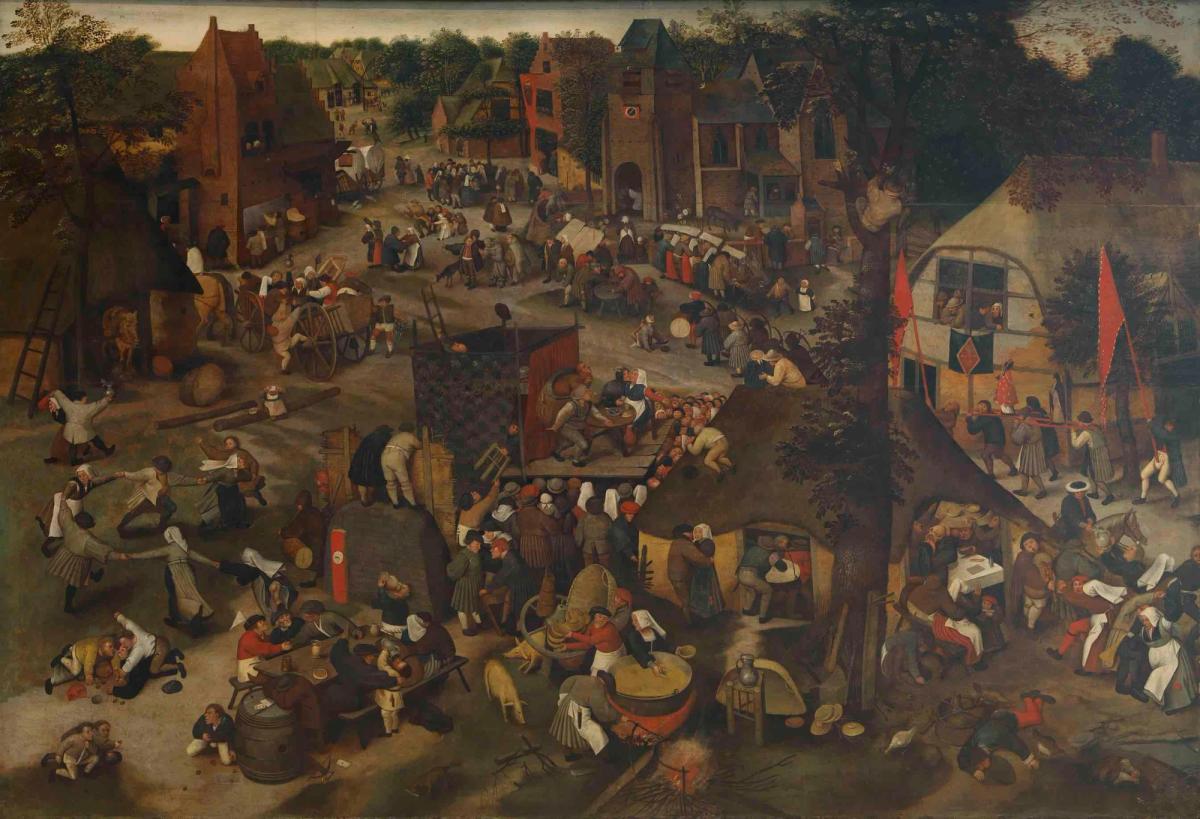 Pieter Brueghel le Jeune (ou atelier de), Kermesse avec théâtre et procession, XVIIe siècle, huile sur panneau de chêne, Musées royaux des Beaux-Arts de Belgique, Bruxelles. Courtesy des Musées royaux des Beaux-Arts de Belgique, Bruxelles. Photo J. Geleyns