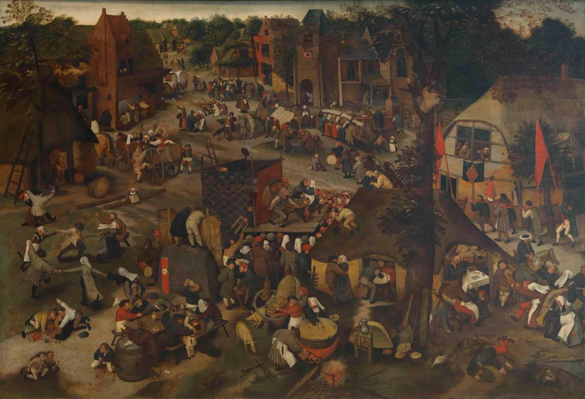 Pieter Brueghel le Jeune (ou atelier de), Kermesse avec théâtre et procession, XVIIe siècle, huile sur panneau de chêne, Musées royaux des Beaux-Arts de Belgique, Bruxelles. Courtesy des Musées royaux des Beaux-Arts de Belgique, Bruxelles. Photo J. Geleyns