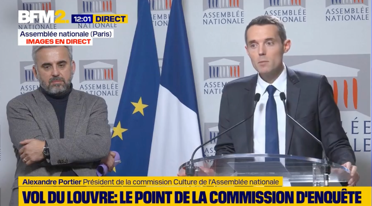 La conférence de presse du président de la commission d’enquête sur la protection du patrimoine national et la sécurité des musées à l’Assemblée nationale, Alexandre Portier, et de son rapporteur Alexis Corbière, le 19 février, retransmise en direct sur BFM. Capture d'écran
