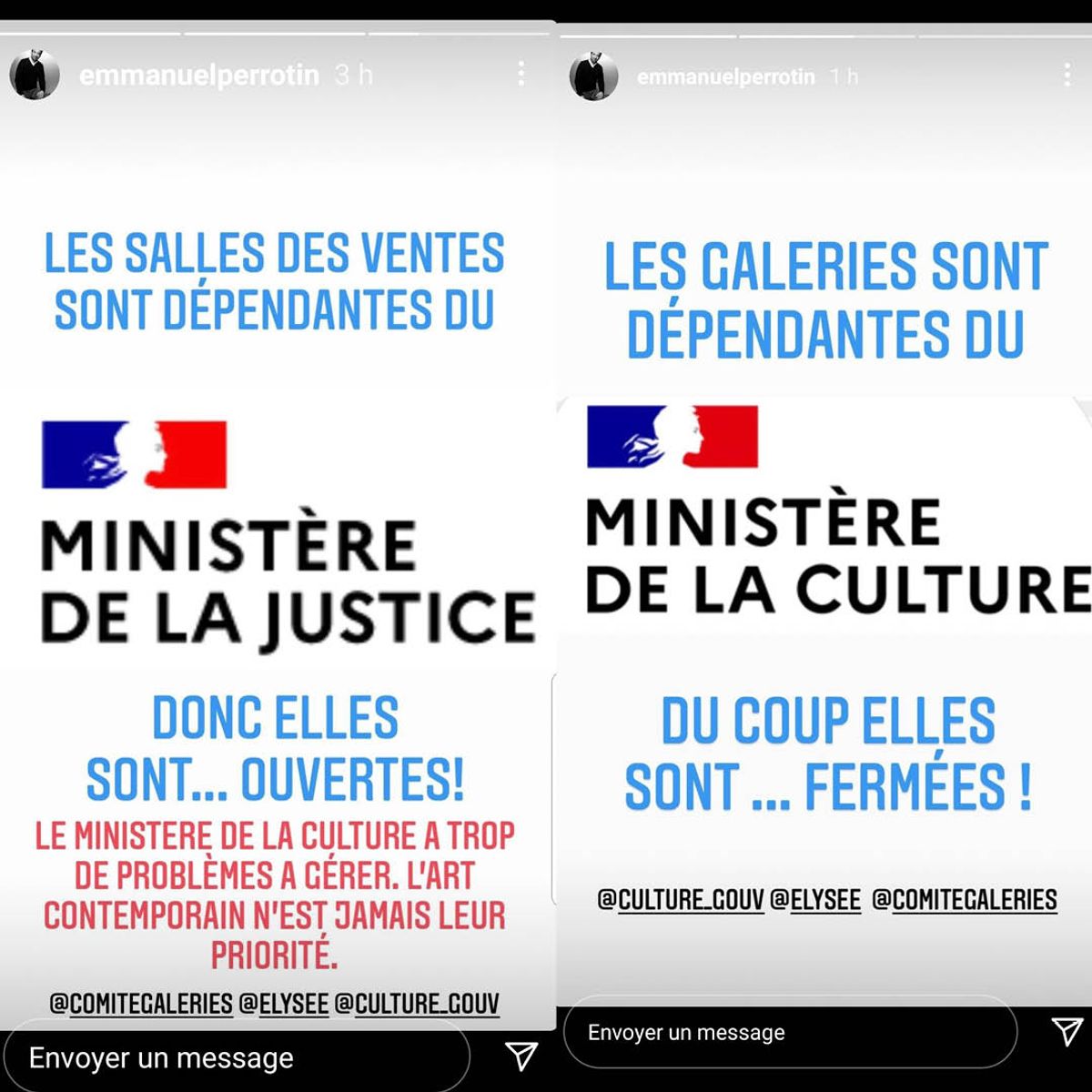 Une partie de la « story » dénonçant la situation sur le compte Instagram d’Emmanuel Perrotin, hier. Courtesy Emmanuel Perrotin