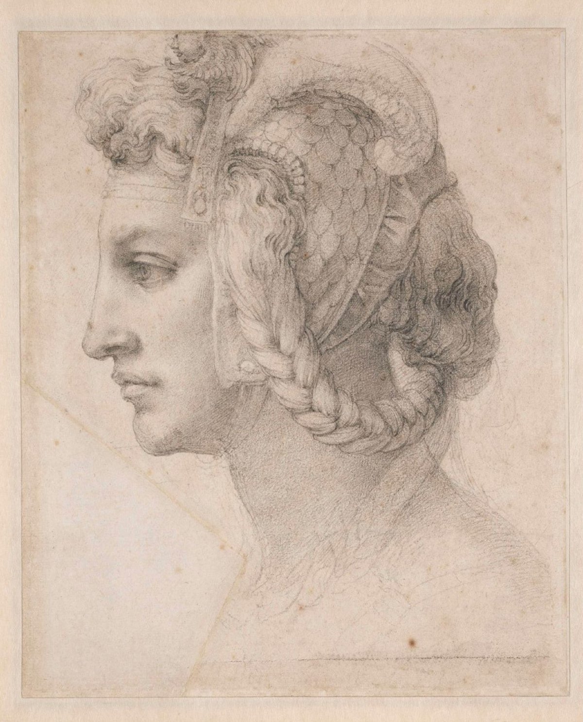 Michel-Ange, Tête de femme idéale de profil à gauche, vers 1525-1528, pierre noire, British Museum, Londres. © Trustees of the British Museum