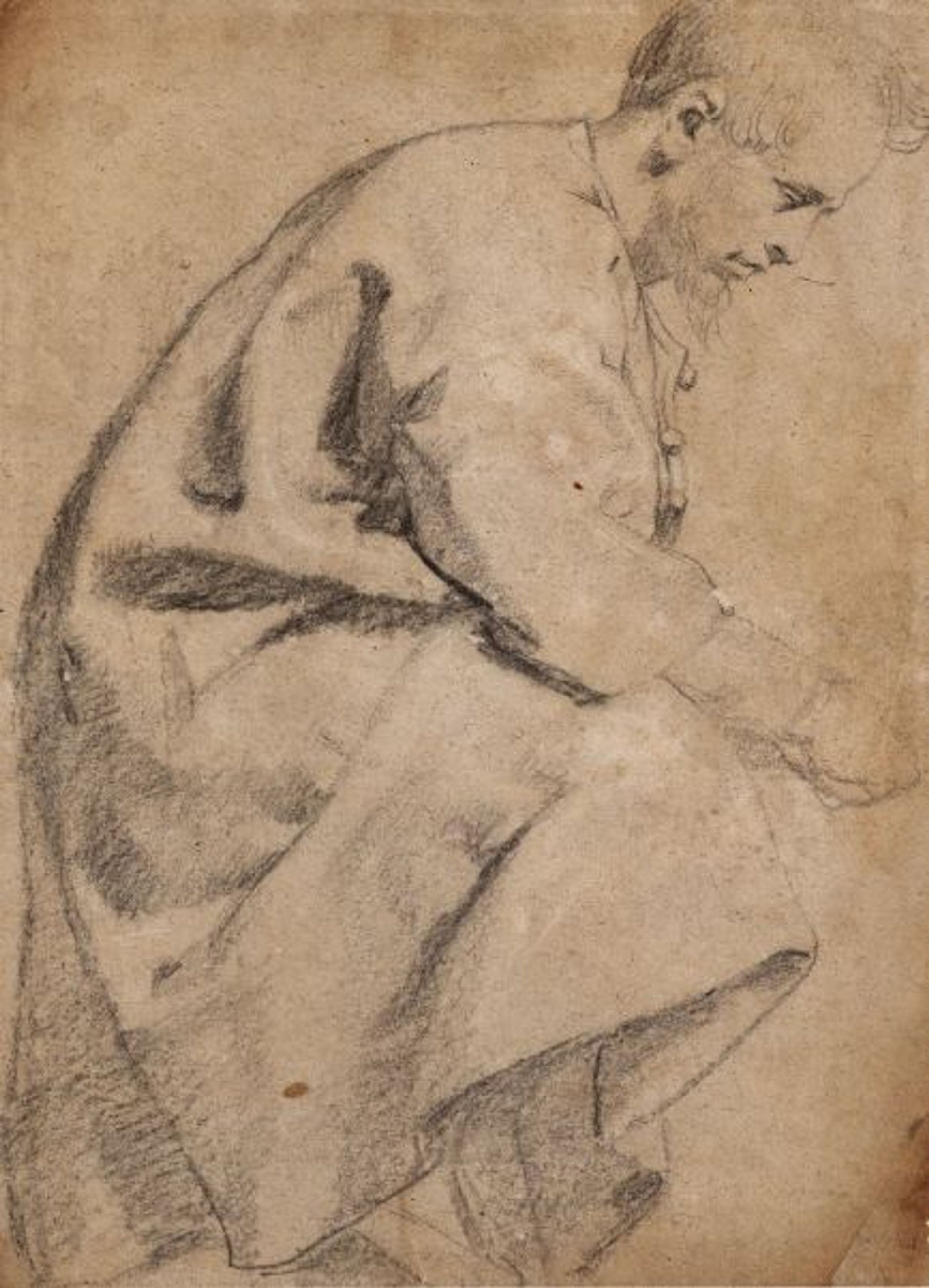 Pierre Paul Rubens, Étude d’homme agenouillé vu de profil, XVIIe siècle, pierre noire rehaussée de blanc, est. 250000 à 350000 euros. © Christie’s