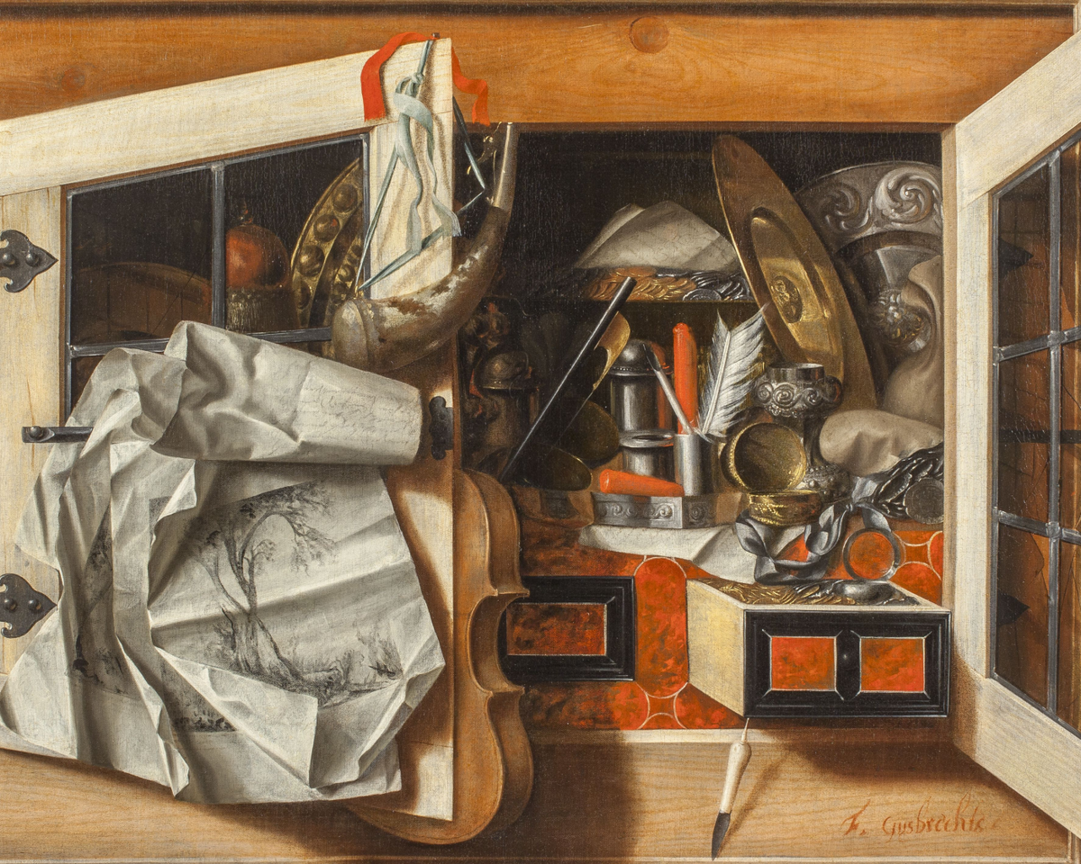 F. Gysbrechts, Trompe l’œil d’une armoire murale avec violon, cor de chasse, instruments d’écriture, plats en argent et or gravés. © Colnaghi 2022
