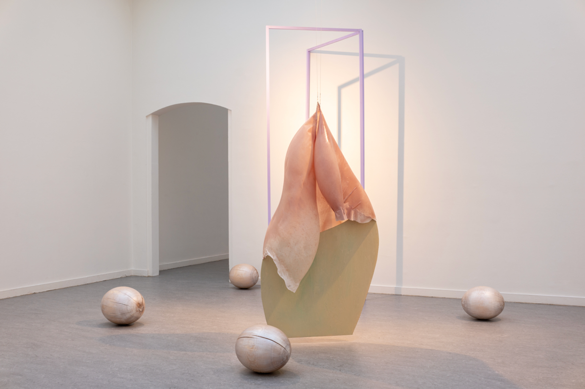 Daiga Grantina, Untitled, 2024, bois, tissu, peinture, encore, résine, corde, lumière, 300x320x350 cm.
Courtesy de l'artiste et Emalin, Londres. © Daiga Grantina. Photo Toan Vu-Huu.