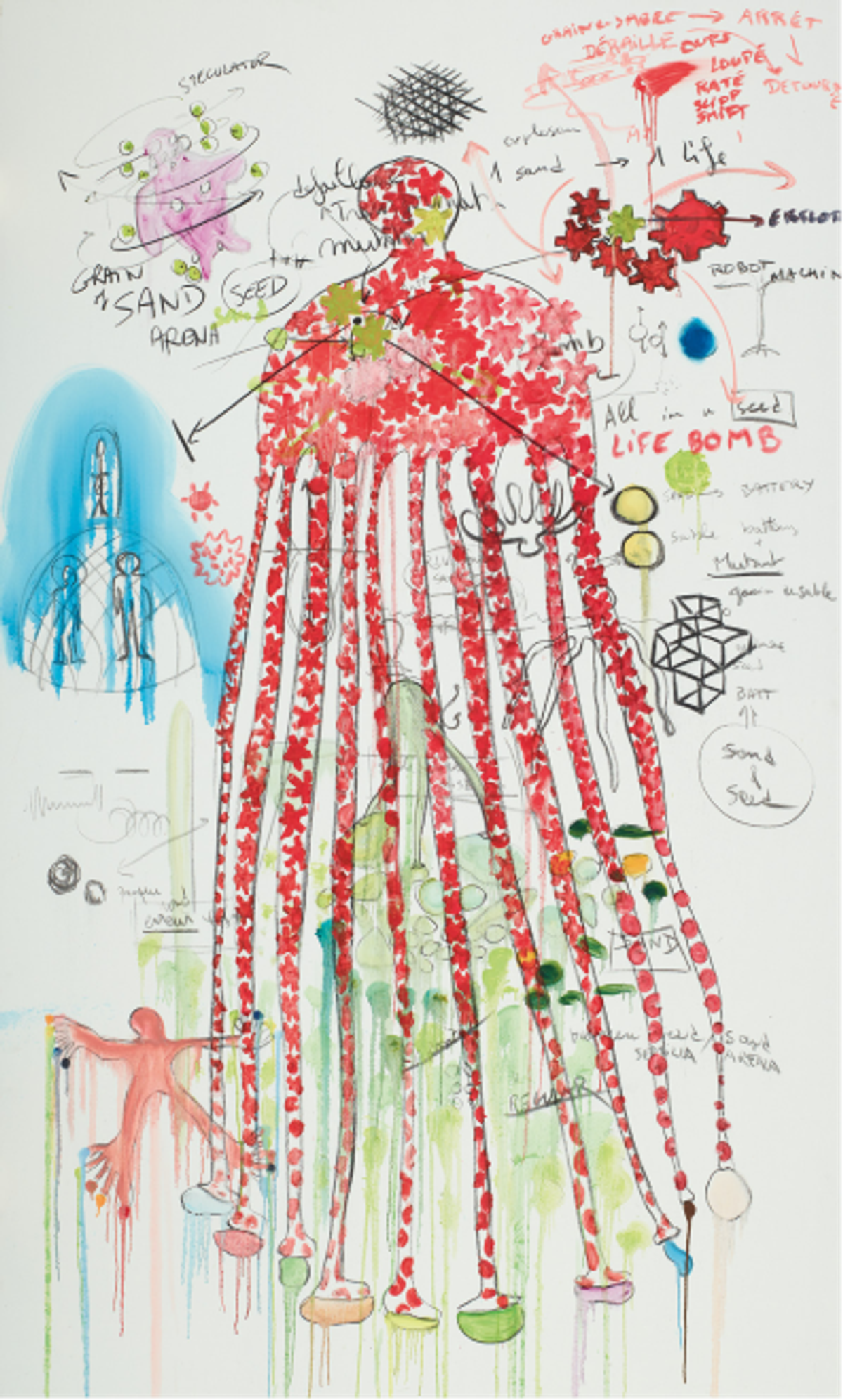 Fabrice Hyber, Grain de sable, 2022, fusain, peinture à l’huile, pastel
sur toile. © Fabrice Hyber