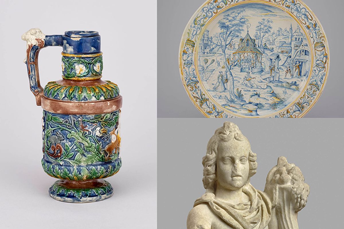 De gauche à droite et de haut en bas : Pot à anse (1600-1650), Paris. Plat à décor (1567), Urbin. Statue d’Harpocrate (fin du Ier-IIe siècles), Rome. © RMN-GP (Musée du Louvre). Photo : Stéphane Maréchalle/Hervé Lewandowski