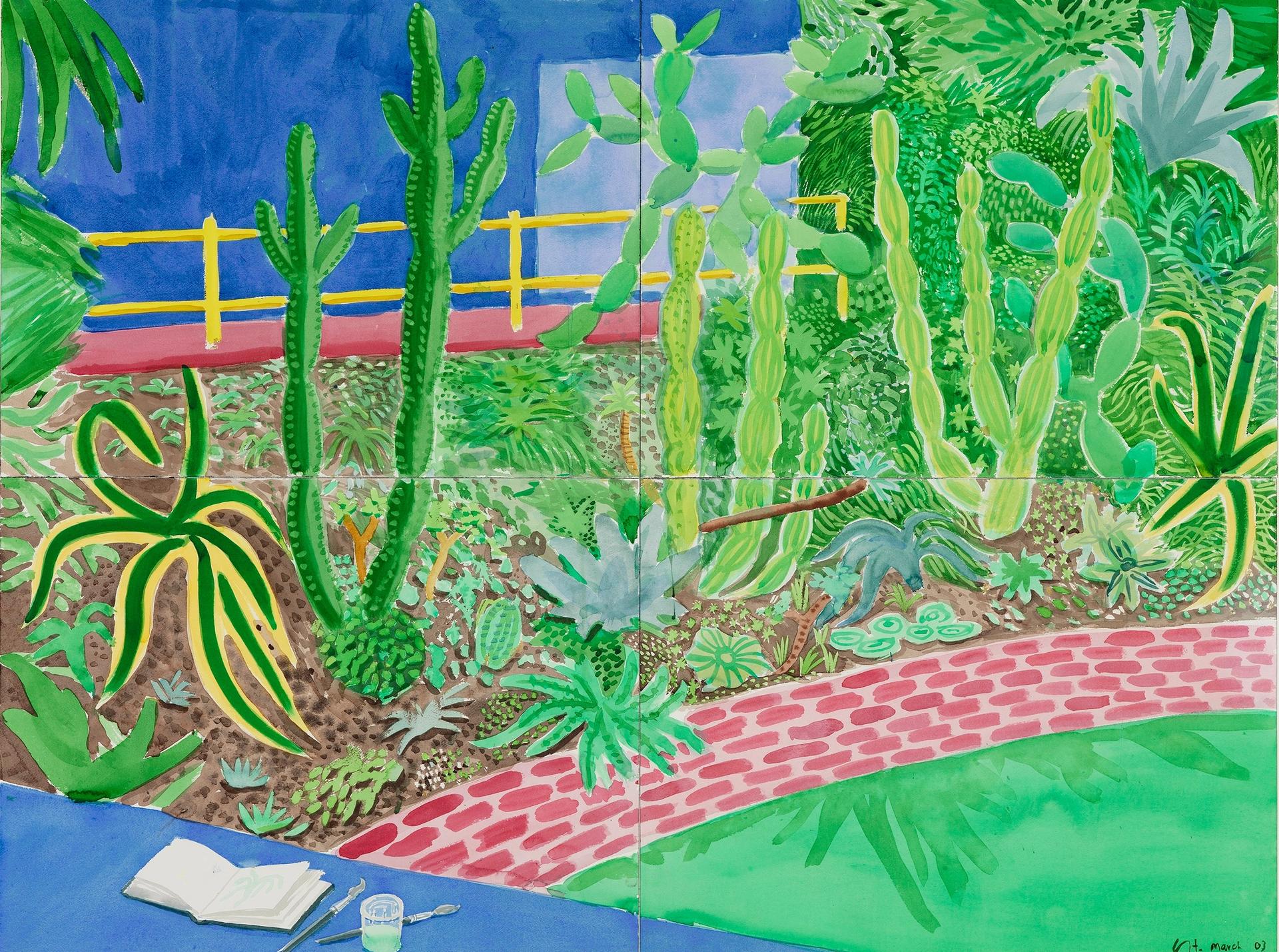 David Hockney, Cactus Garden III, 2003, aquarelle sur quatre feuilles de papier, 91,5 x 121,9 cm en tout. Collection de la David Hockney Foundation. © David Hockney. Photo : Richard Schmidt