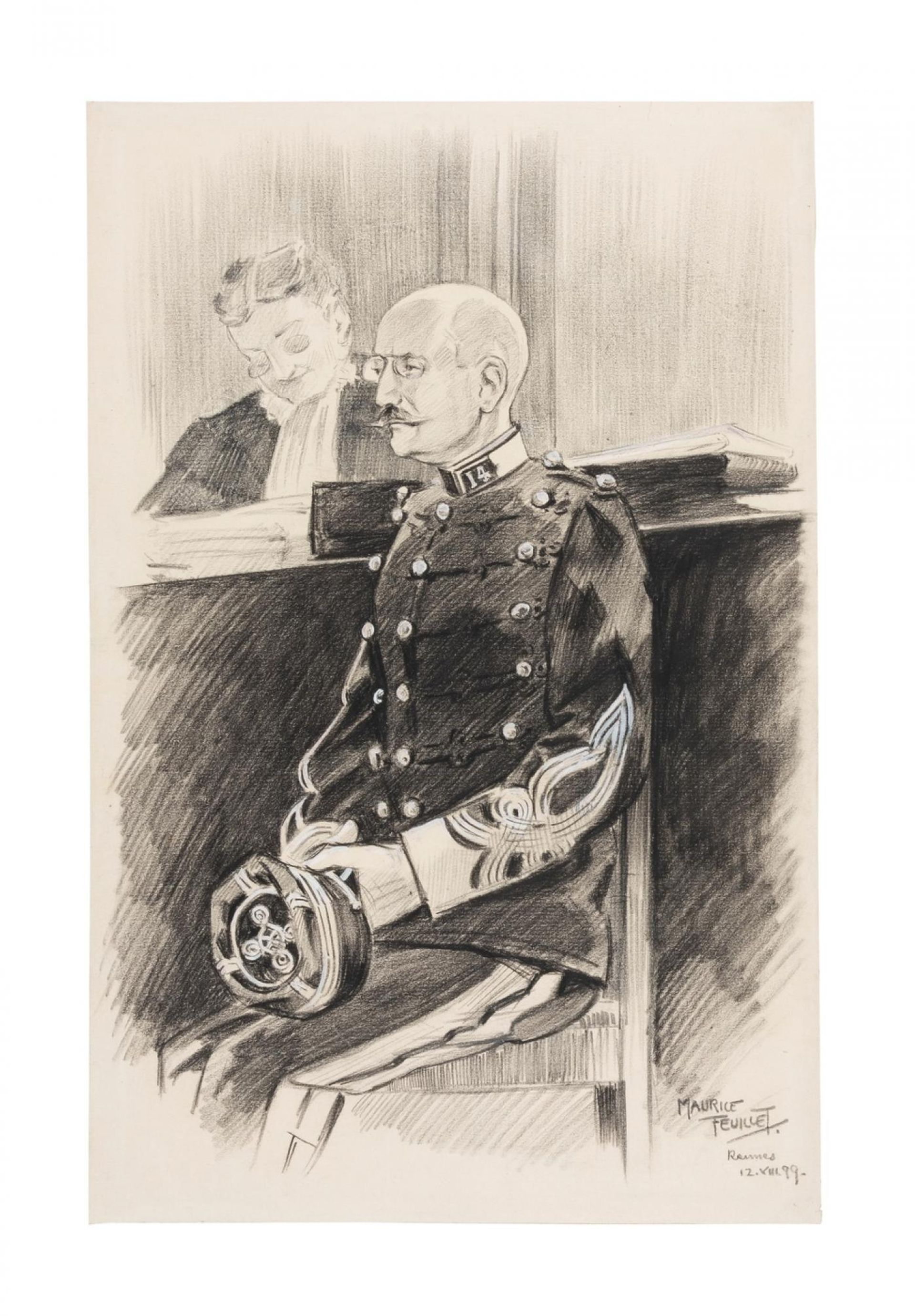 Maurice Feuillet, Alfred Dreyfus au procès, le 12 août 1899, pierre noire. Courtesy Ivoire Nantes