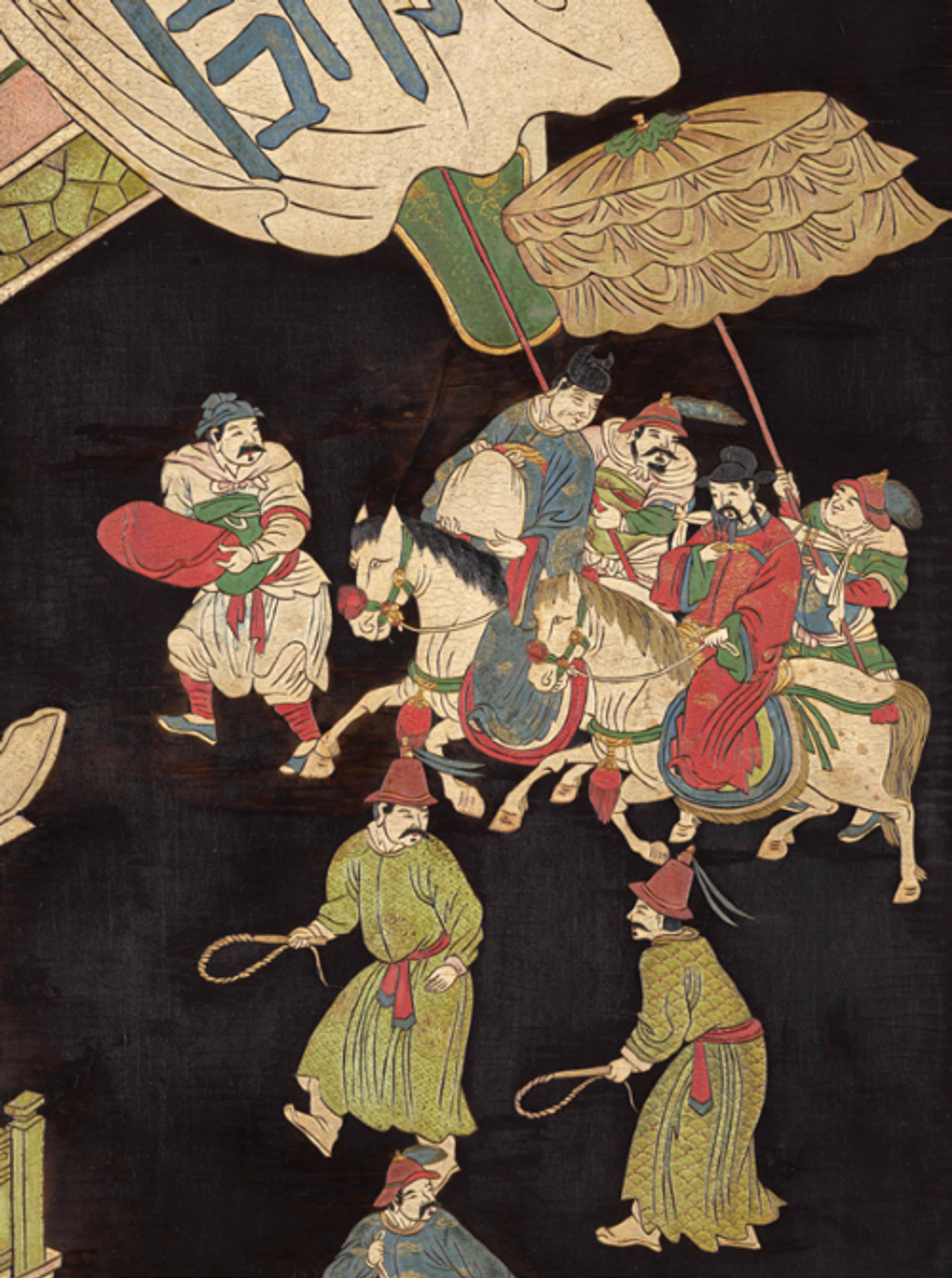 Paravent à huit feuilles, Scène de palais, l’arrivée d’une délégation et les festivités en l’honneur du général Guo Ziyi (697-781) des Tang (détail), Chine, dynastie Qing, époque Kangxi (1662-1722) ou Qianlong (1736-1795), bois, laque de Coromande (décor gravé et coloré dit « kuan cail »), polychromie et dorure. © Musée des Beaux-Arts de Dijon/François Jay