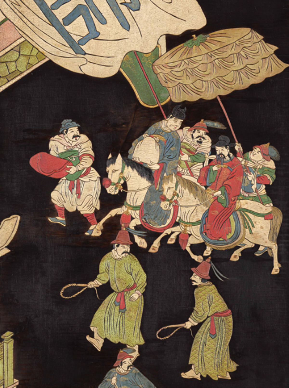 Paravent à huit feuilles, Scène de palais, l’arrivée d’une délégation et les festivités en l’honneur du général Guo Ziyi (697-781) des Tang (détail), Chine, dynastie Qing, époque Kangxi (1662-1722) ou Qianlong (1736-1795), bois, laque de Coromande (décor gravé et coloré dit « kuan cail »), polychromie et dorure. © Musée des Beaux-Arts de Dijon/François Jay