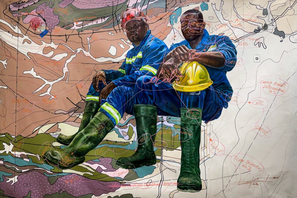 Jean David Nkot, Po.Box.acteur@filiere/cobalt.fr, 2020-2021, acrylique, encre de Chine et marqueurs Posca sur toile. © Galerie Afikaris, Paris