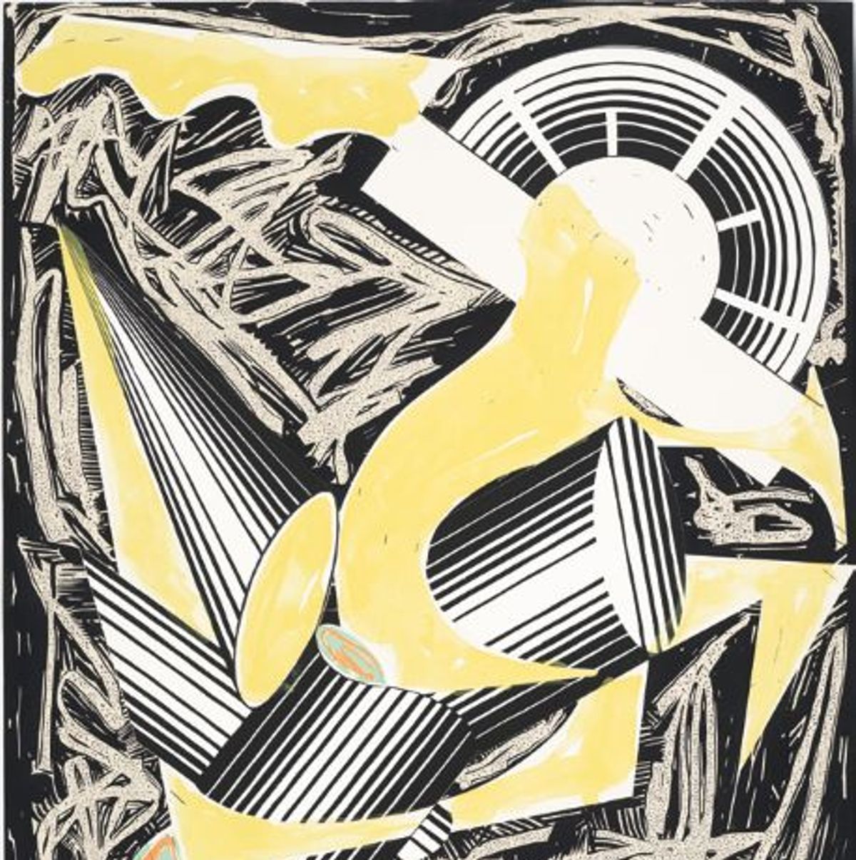Frank Stella, Illustration d’après Had Gadya d’El Lissitzky, première de couverture, CTP VI, 1985, peinture acrylique et supports divers d’impression sur papier collé. 

© Baronian
