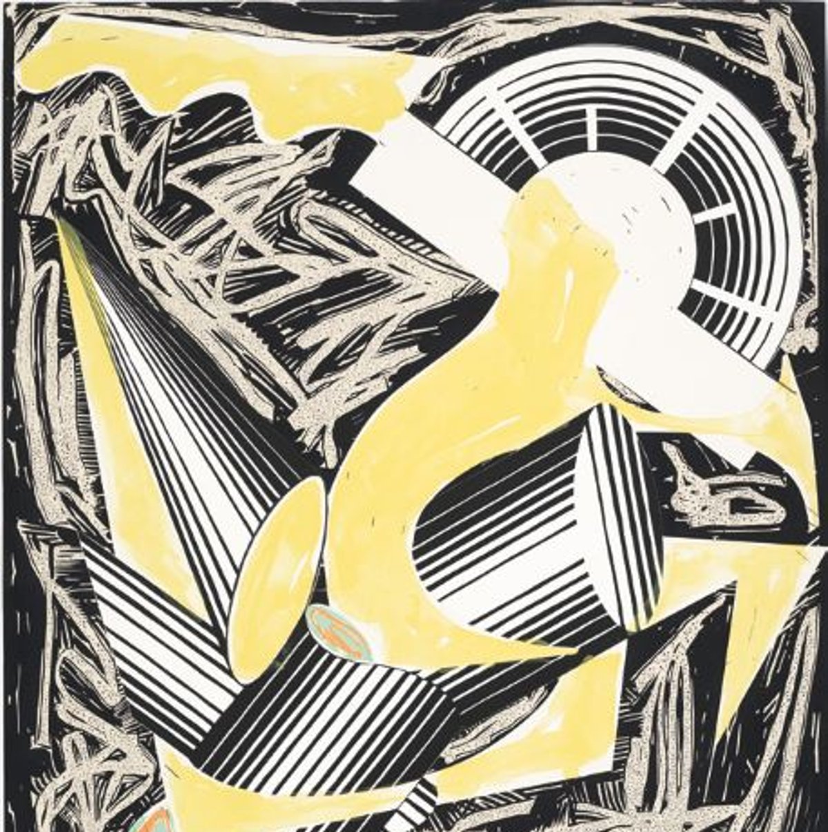 Frank Stella, Illustration d’après Had Gadya d’El Lissitzky, première de couverture, CTP VI, 1985, peinture acrylique et supports divers d’impression sur papier collé.
© Baronian