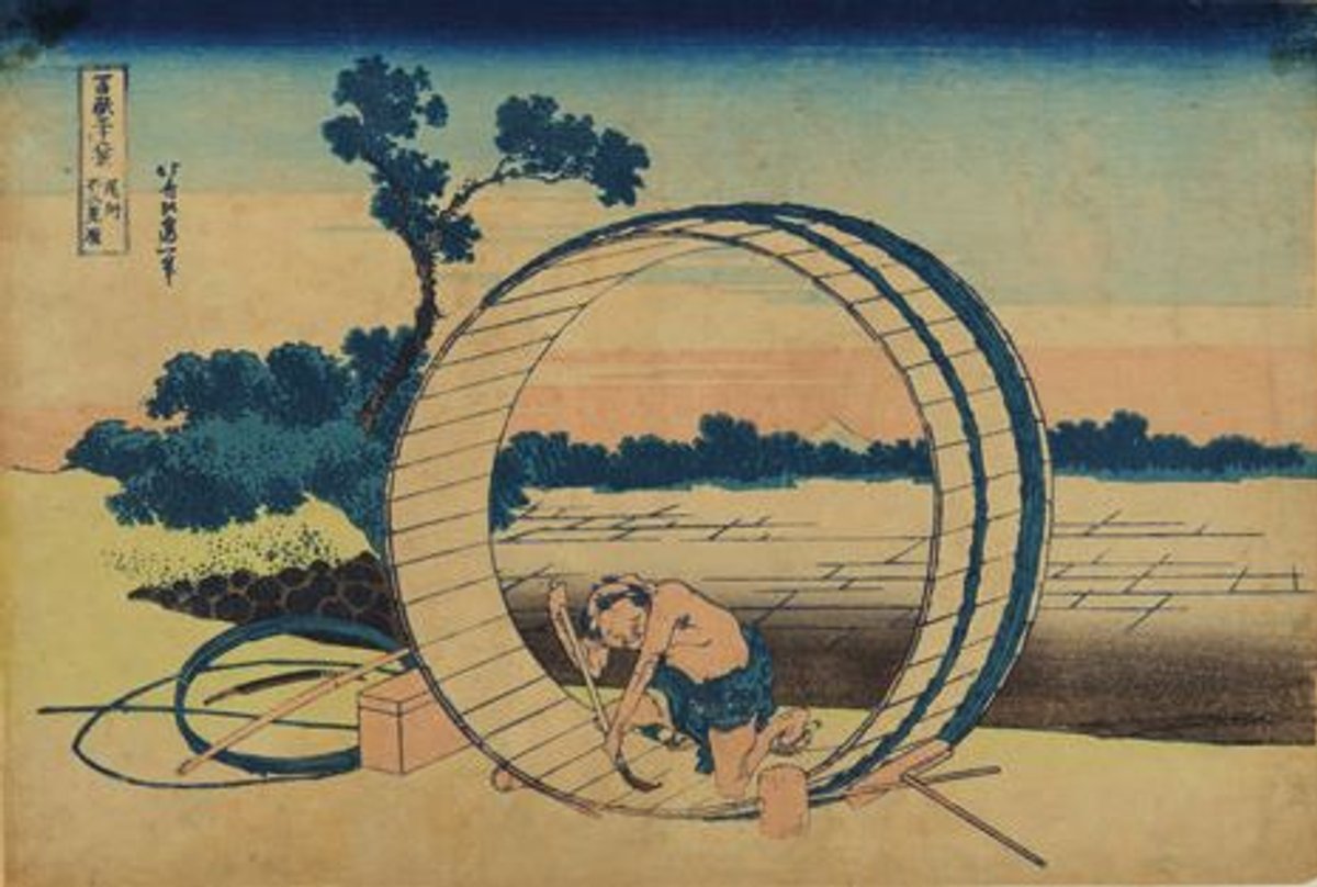 Katsushika Hokusai, Plaine d’où l’on voit le Fuji dans la province de Bishû, série Trente-six vues du mont Fuji, vers 1830-1834, estampe nishiki-e sur papier. Courtesy du château des ducs de Bretagne – musée d’Histoire de Nantes