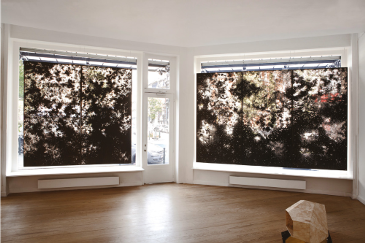 Sophie Whettnall, Drilling for Light, 2015, panneaux en pin perforés et
encre de Chine. Courtesy de Michel Rein. Photo Vincent Everarts