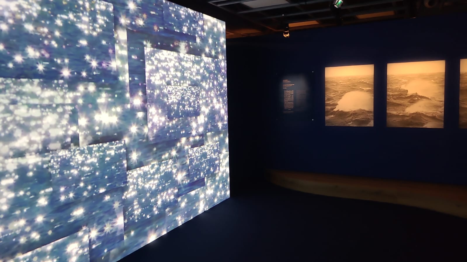 Vue de l'exposition « Demain l’Océan ? » à Monaco, avec à gauche une œuvre vidéo de Jennifer Douzenel. Photo : A.C. 