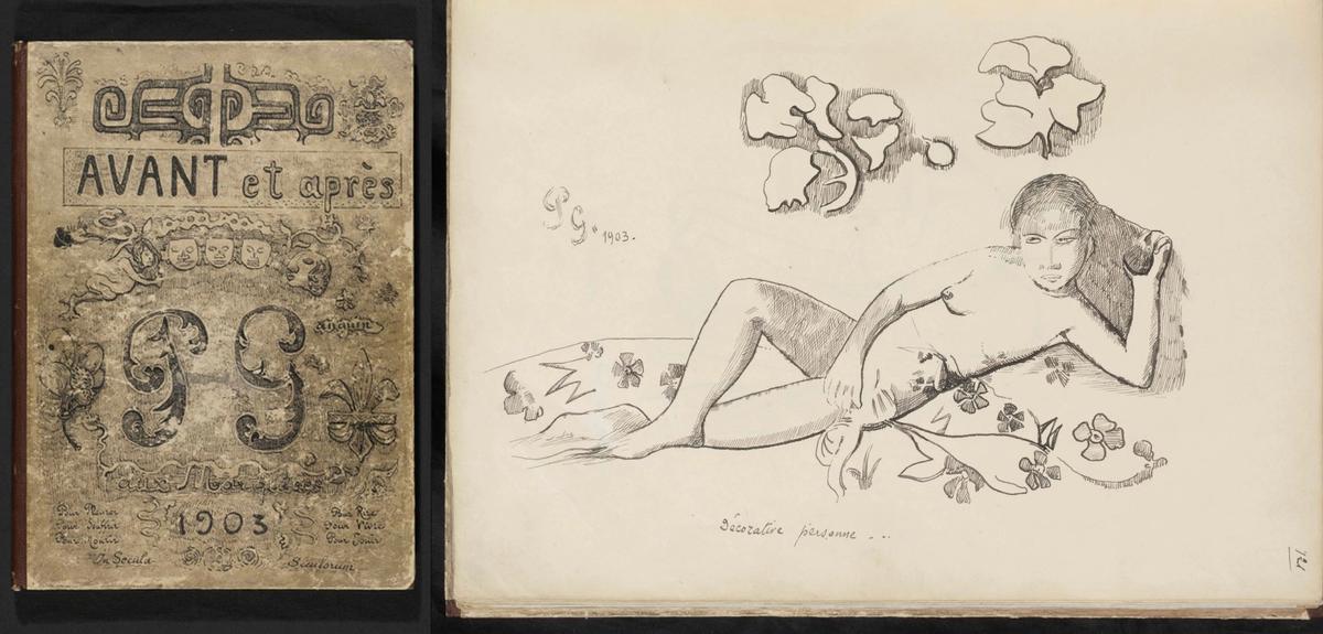 Couverture de Avant et Après (à gauche) de Paul Gauguin et l’une des pages du manuscrit (à droite). © The Courtauld
