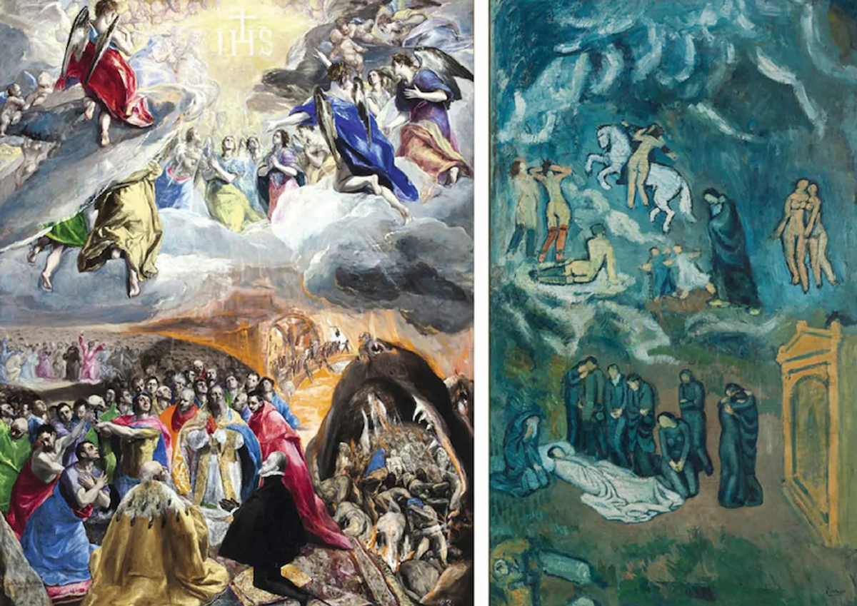 L’Adoration du nom de Jésus (1577-1579) du Greco et Évocation (L’enterrement de Casagemas) (1901) de Pablo Picasso. © Patrimonio Nacional. Colecciones Reales. El Escorial / © Succession Picasso ; Musée d’art moderne de Paris