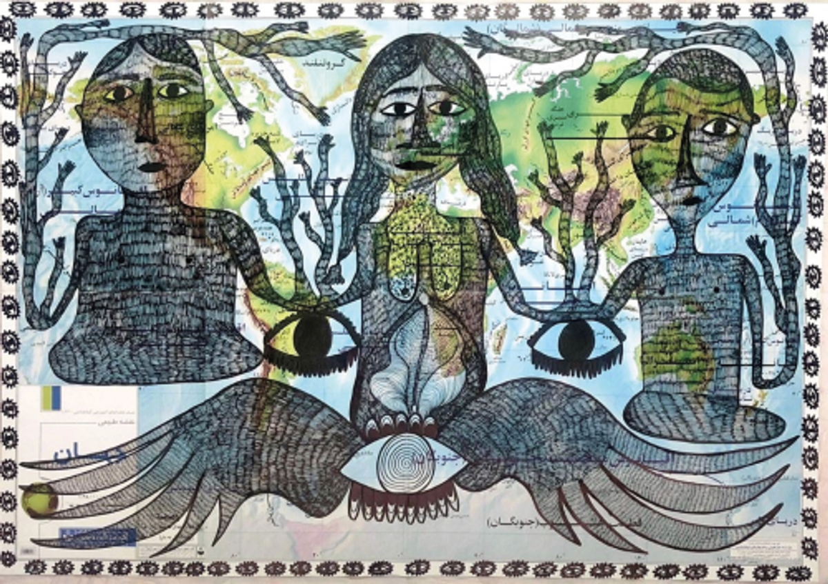 Samaneh Atef, Untitled, 2019, dessin sur carte géographique. Courtesy de Polysémie