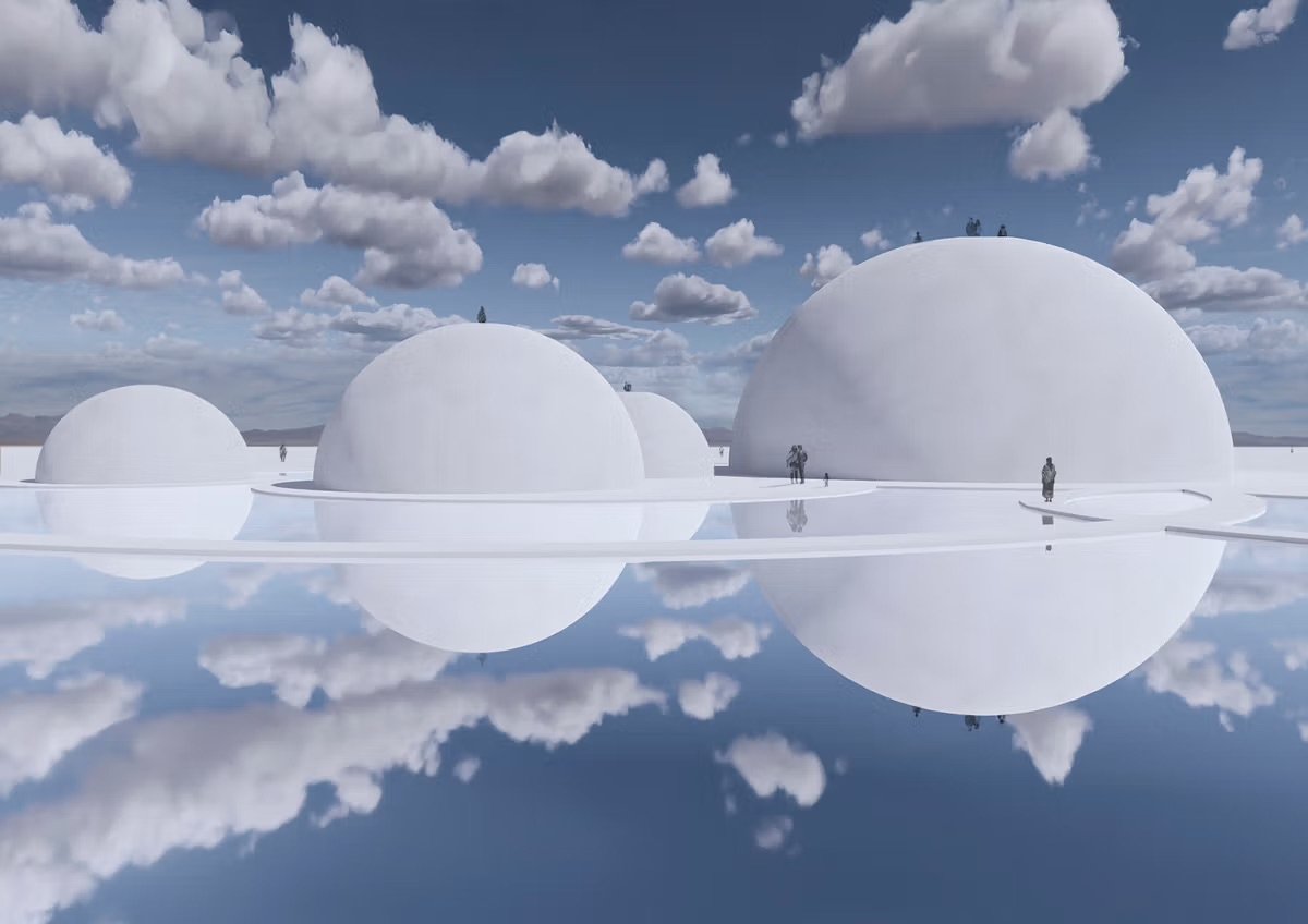 Vue d’artiste de El Santuario del Agua (Sanctuaire de l’eau), conçu par l’artiste Tomás Saraceno avec les onze communautés autochtones du réseau Red Atacama, Salinas Grandes, nord de l’Argentine. Avec le généreux soutien de la Haus der Kunst, Munich, de la Aerocene Foundation, du Studio Tomás Saraceno et de nombreux autres partenaires. Courtesy de l’artiste, de Red Atacama et de la Aerocene Foundation, ainsi que des galeries neugerriemschneider, Berlin ; Tanya Bonakdar, Los Angeles ; Pinksummer, Gênes ; Andersen’s, Copenhague ; et Ruth Benzacar, Buenos Aires. © Studio Tomás Saraceno