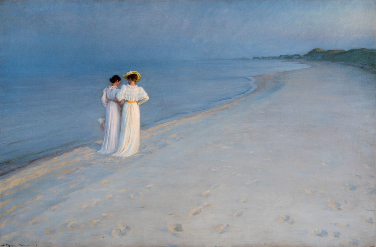 Peder Severin Krøyer, Soirée calme sur la plage de Skagen, Sønderstrand (Anna Ancher et Marie Krøyer marchant), 1893, huile sur toile, Skagens Kunstmuseer, Skagen. © Art Museums of Skagen