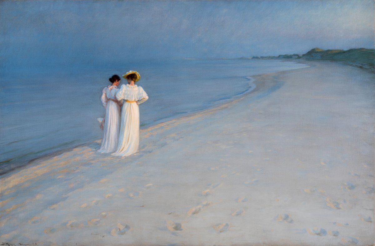 Peder Severin Krøyer, Soirée calme sur la plage de Skagen, Sønderstrand (Anna Ancher et Marie Krøyer marchant), 1893, huile sur toile, Skagens Kunstmuseer, Skagen. © Art Museums of Skagen