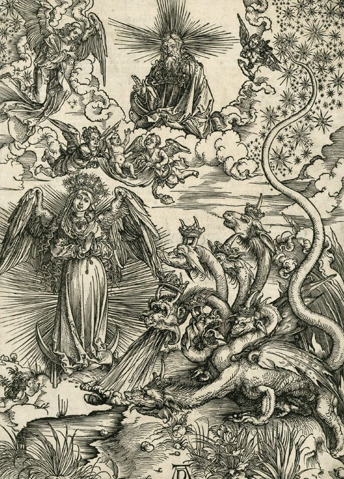 Albrecht Dürer, La Femme vêtue de soleil et le dragon à sept têtes, vers 1497, bois gravé. Courtesy de la Galerie August Laube