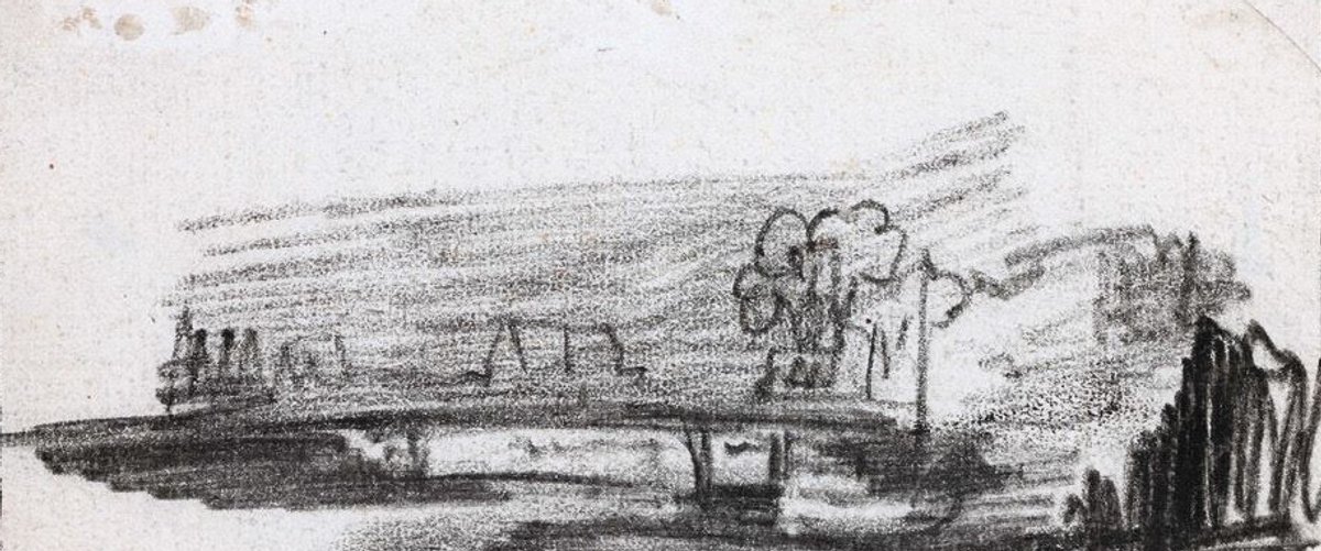 Rembrandt, Paysage avec un pont, des maisons en arrière plan, vers 1645, crayon noir, est. 60 000-80 000 euros. © Nouvelet Auction