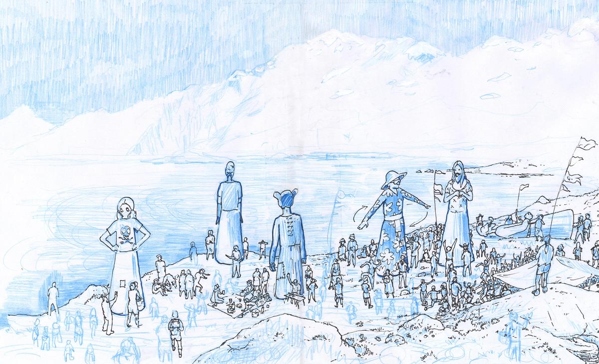 Préfiguration du pique-nique avec les géants, dans les Alpes, dans le cadre du projet Petticoat Government. Courtesy Simona Denicolai et Ivo Provoost