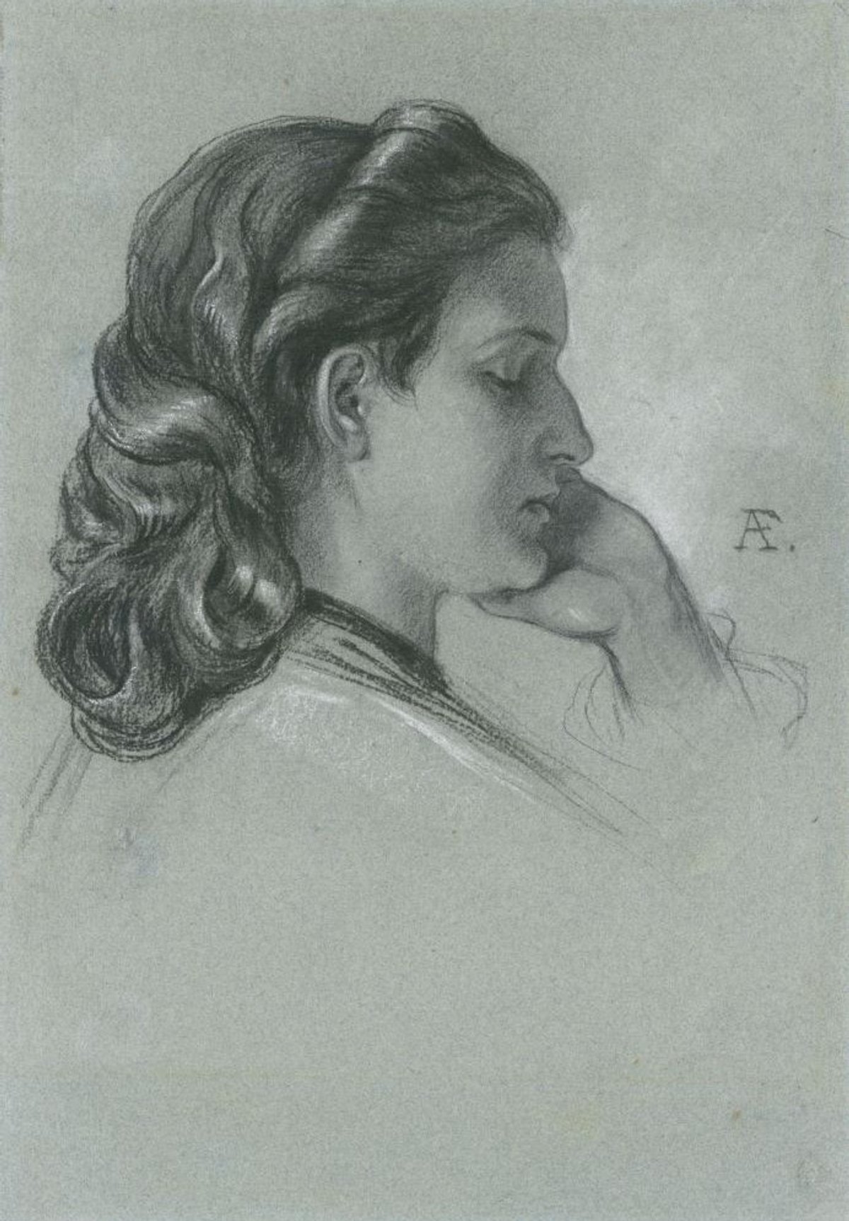 Anselm Feuerbach, Portrait d’une jeune femme aux cheveux noirs de profil droit, vers 1870, craie sur papier bleu. Courtesy de Dr. Martin Moeller & Cie