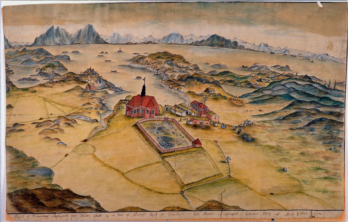 Kirstine Colban Aas, Vågans prestegård i Lofoten med omliggende fiskevær, aquarelle sur papier, 1810 et 1816. Courtesy of Museum Nord / Lofoten Museum. NNKS / LIAF 2022, Kjell-Ove Storvik