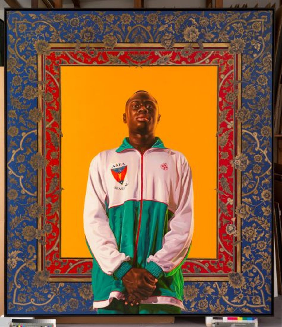 Kehinde Wiley, Idrissa Ndiaye, 2012, huile sur toile. © Kehinde Wiley. Courtesy de la galerie Templon, Paris/Bruxelles/New York