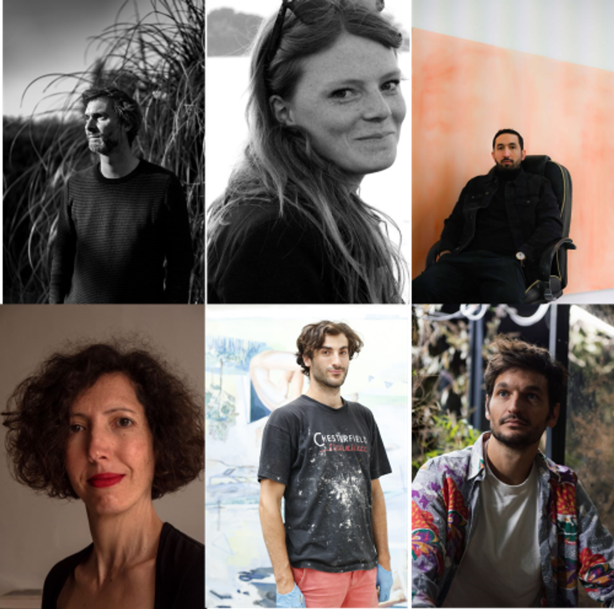 De gauche à droite et de haut en bas : Aurélien Mauplot (Photo : D.R.) ; Manon Lanjouère (Photo : D.R) ; Bilal Hamdad. © Olivier Calvel. © Adagp, Paris, 2022 ; Noémi Sjöberg. © Alex García ; Ulysse Bordarias. © Mélissa Boucher ; -Ugo Schiavi. © Ghislain Mirat