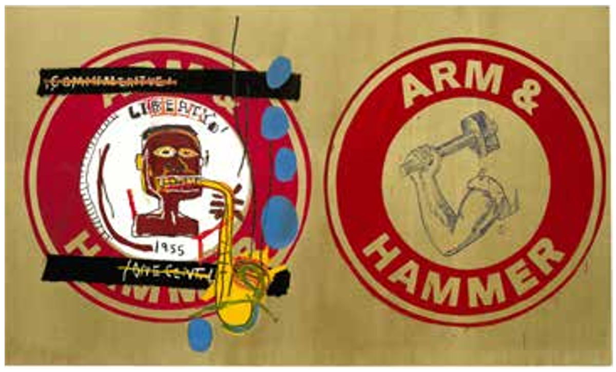 Jean-Michel Basquiat et Andy Warhol, Arm and Hammer II, 1984-1985, acrylique, encre sérigraphique et bâton d’huile sur toile, Männedorf-Zurich, collection Bischofberger. © The Estate of Jean-Michel Basquiat, New York, et The Andy Warhol Foundation for the Visual Arts, Inc.