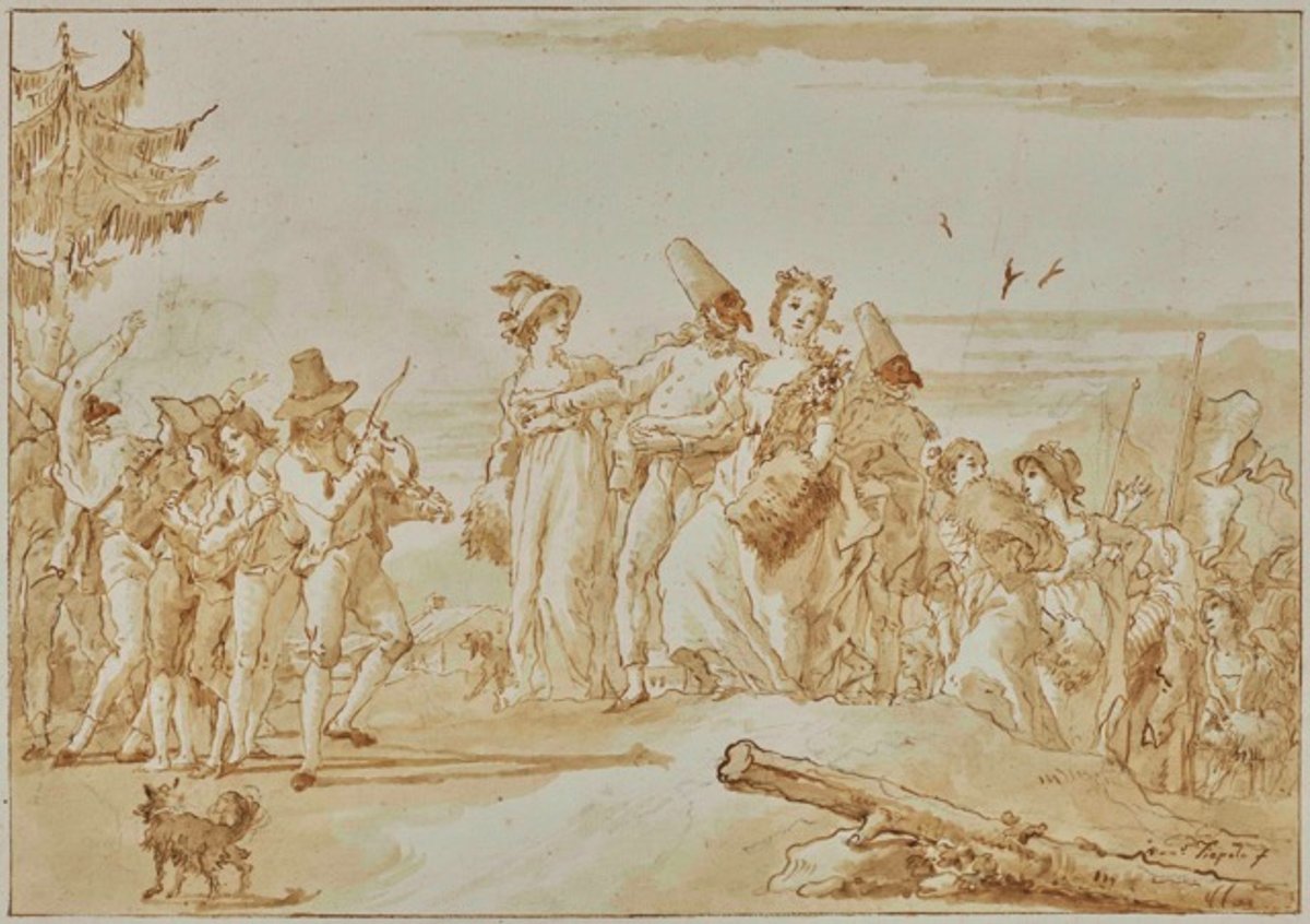 Giandomenico Tiepolo, Le Cortège nuptial de Polichinelle, pierre noire et lavis d’encre, H. 290 mm ; L. 410 mm. Courtesy Galerie Eric Coatalem, Paris