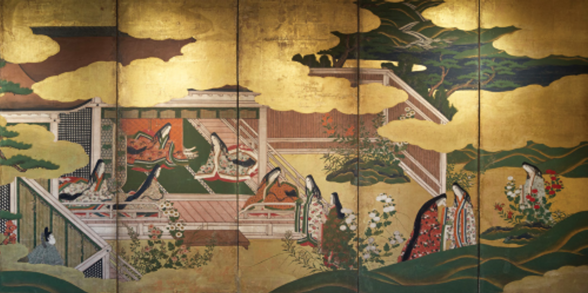 Paravent à six volets, illustration du Genji Monogatari, époque Momoyama (fin XVIe-début XVIIe siècle), collection particulière. 

© Marc Boyadjian