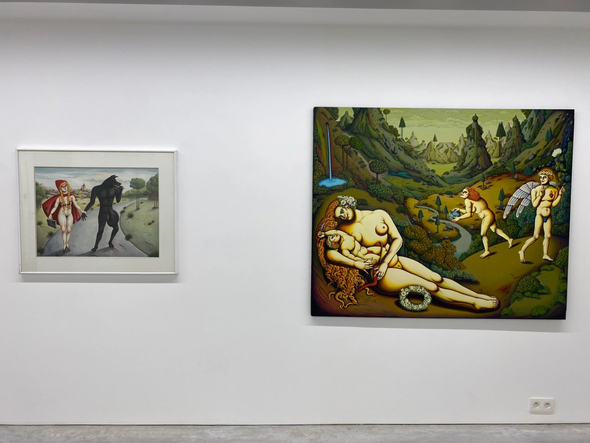 Denyse Willem
À gauche : Le Chaperon rouge sortant le loup du bois, 1985 (aquarelle sur papier)
À droite : La Naissance de Cesar, 1989 (acrylique sur toile)
Photo : B.M.